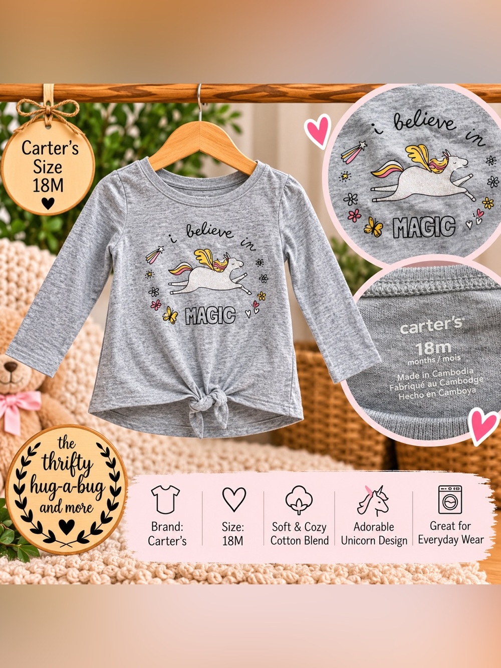 Carter’s “I Believe in Magic” Unicorn Long Sleeve Top – 18M ✨